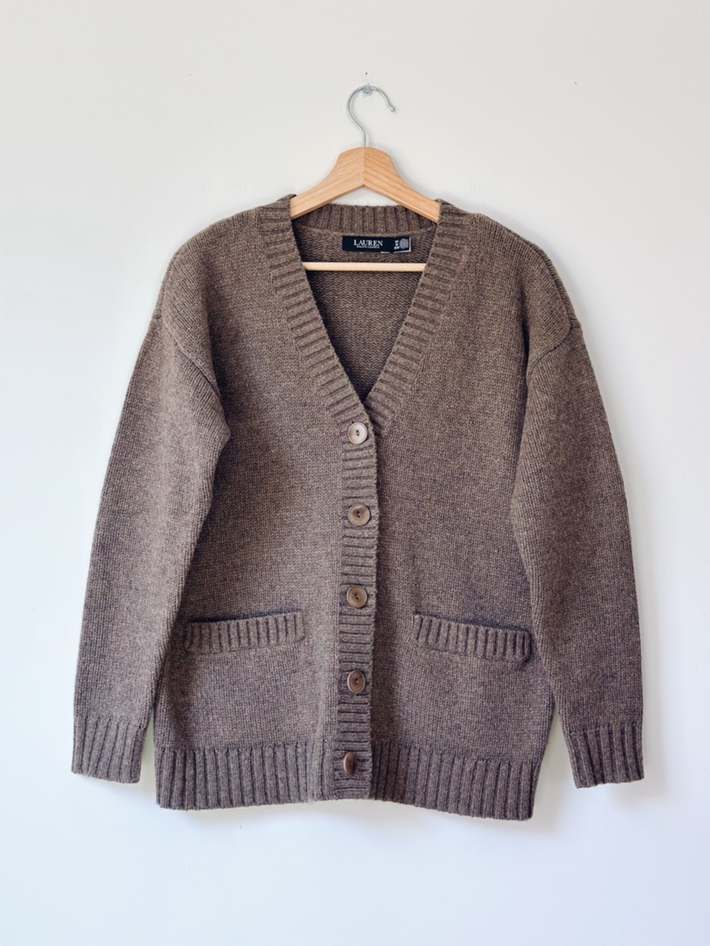 Lauren Ralph Brown V-Neck Button Front Sweater Wool V-Neck Cardigan - Picture 7 of 10